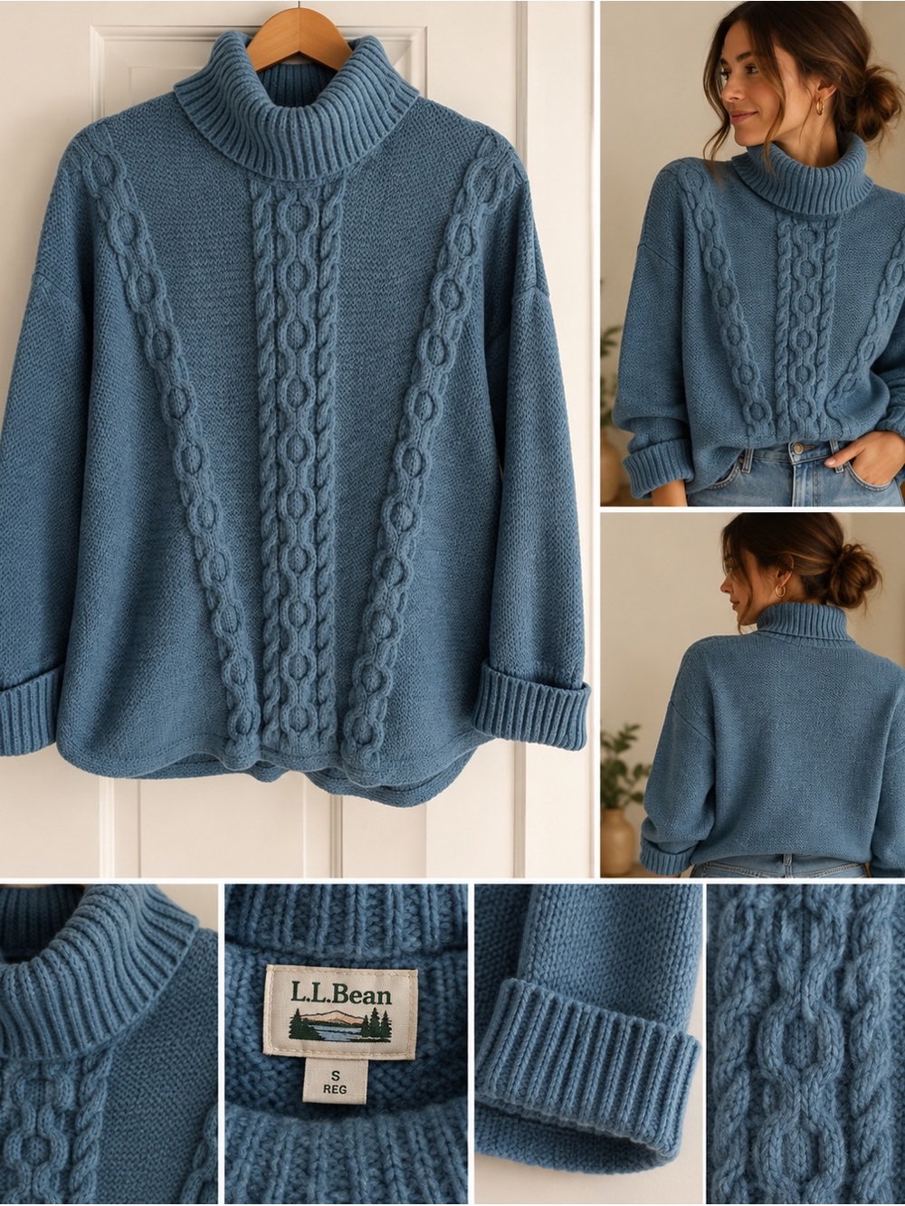 L.L. Bean Cable Knit Turtleneck Sweater - Dusty Blue